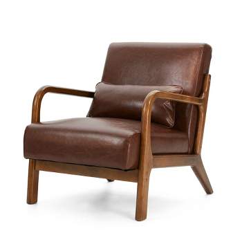 Mid-Century Modern Leatherette Arm Accent Chair Walnut Rubberwood Frame Coffee - Glitzhome