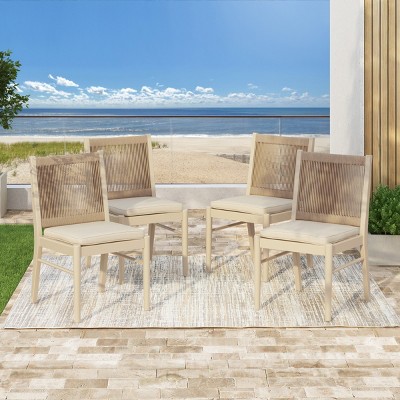 Coolbibila ModernWood Acacia Dining Chair,Beige Fabric Upholstered Dining Room Chair,Woven Rope Back Patio Outdoor Dining Chair