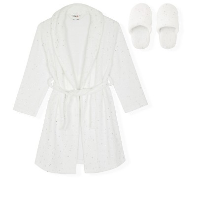 Sleep On It Girls Leopard Plush Fleece Shawl Collar Robe with Matching Fleece Slippers