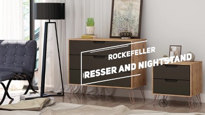 Off-White and Natural Wood Hairpin Leg Dresser and Nightstand Set