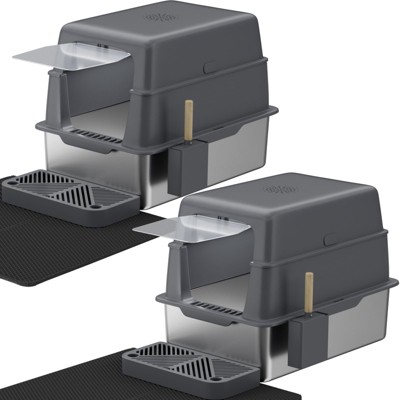 Stainless Steel Litter Box with Lid, 2 Pack XL Metal Cat Litter Box with Removable High Sided Enclosed, Foot Pedal & Scoop & Litter Mat for Big Cats