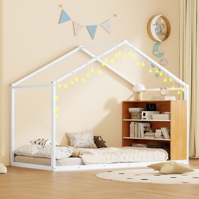 TiramisuBest Twin Size Metal Bed House Bed Frame with Shelves and Lights
