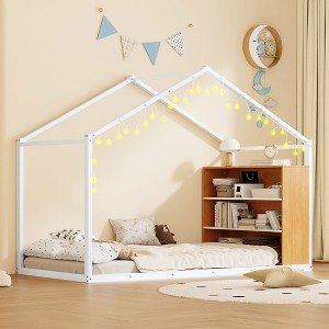 TIRAMISUBEST Twin/Full Size Metal Bed House Bed Frame with Storage Shelves and LED Lights, Metal House Floor Bed Montessori Bed with Roof Design - 1 of 4