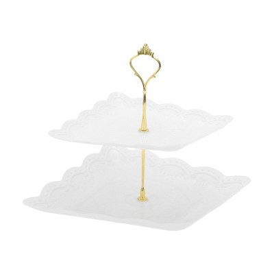 Unique Bargains 2 Tier Dessert Cupcake Stand Square Cup Cake Holder Tower White Gold Tone