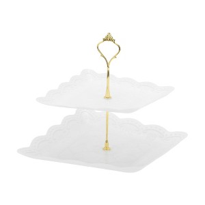 Unique Bargains 2 Tier Dessert Cupcake Stand Square Cup Cake Holder Tower White Gold Tone - 1 of 4