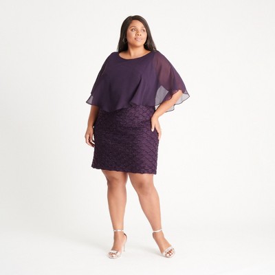 Women's Plus Capelet A-line Cocktail Dress - Connected Apparel, Aubergine,  Size: 14W