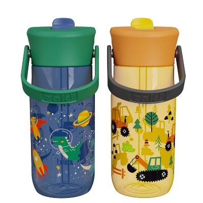 Zak Designs 2pk 18oz Construction/Space DinoHarmony Straw Water Bottle Set Yellow/Gray