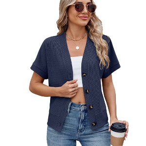 Women Button Casual Cardigan Sweater Loose Classic Short Sleeve Top T-Shirt Spring Summer - 1 of 4