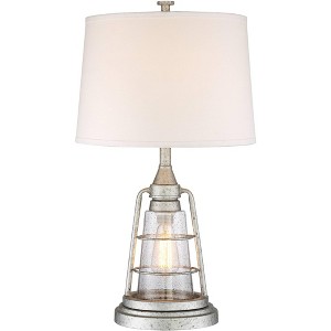 Franklin Iron Works Fisher Coastal Table Lamp 28 3/4" Tall Galvanized Metal Cage with Nightlight LED Drum Shade for Bedroom Living Room Bedside House - 1 of 4