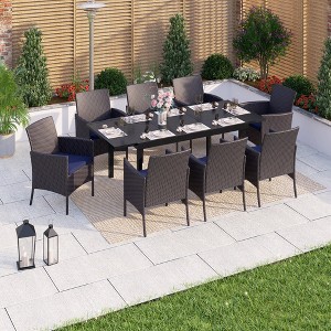 Captiva Designs 9pc Patio Geometric Pattern Extendable Steel Rectangle Table & Armrest Rattan Chairs with Cushions - 1 of 4