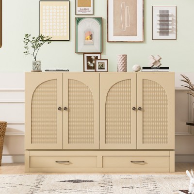 Foldable Full Size Murphy Bed with Drawers and USB Port,Space-Saving Cabinet Bed with Rattan Doors-The Pop Home