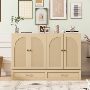 Foldable Full Size Murphy Bed with Drawers and USB Port,Space-Saving Cabinet Bed with Rattan Doors-The Pop Home - 1 of 4