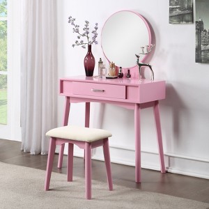 Roundhill Furniture Maly Contemporary Wood Vanity and Stool Set, Pink - 1 of 4
