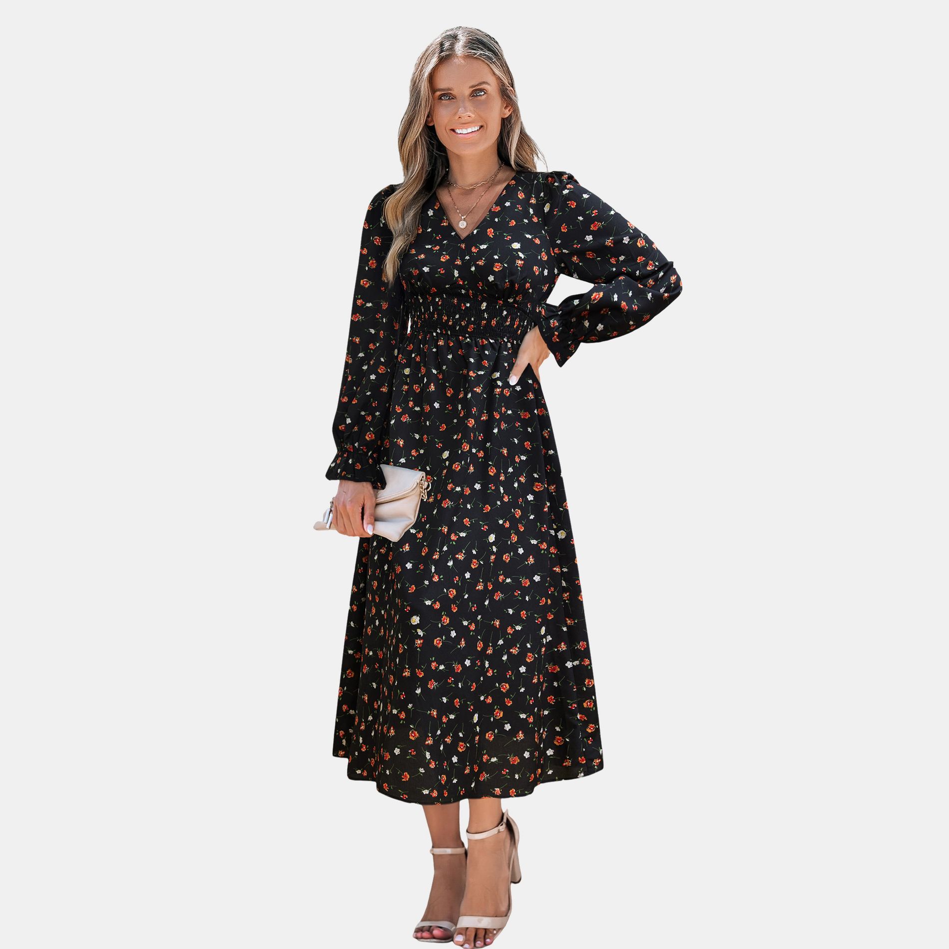 Women's Floral Print Long Sleeve Maxi Dress - Cupshe-L-Black Floral