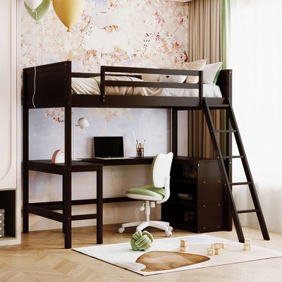 Twin Size Wooden Loft Bed With Shelves and Desk - ModernLuxe