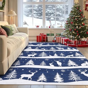 Christmas Area Rug, Reindeer Print Washable Soft Carpet with Non Slip Backing, Low Pile Stain Resistant Floor Mat for Living Room, Bedroom - 1 of 4