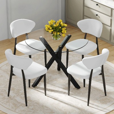 Lyngins Modern Round Glass Dining Table Set – Transparent Top with X-Shaped Black Metal Base & 4 PU Chairs with a Vertical Stripe Design