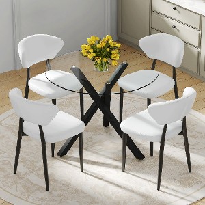 Lyngins Modern Round Glass Dining Table Set – Transparent Top with X-Shaped Black Metal Base & 4 PU Chairs with a Vertical Stripe Design - 1 of 4