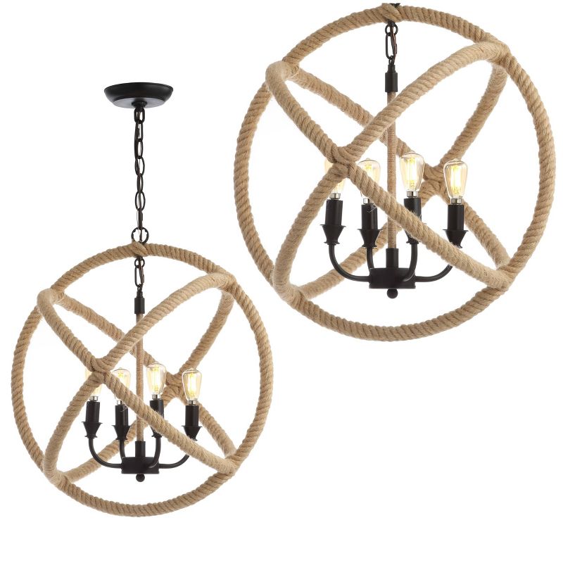 20&#34; LED Metal/Rope Adjustable Globe Chandelier Black/Brown - JONATHAN  Y, 1 of 6