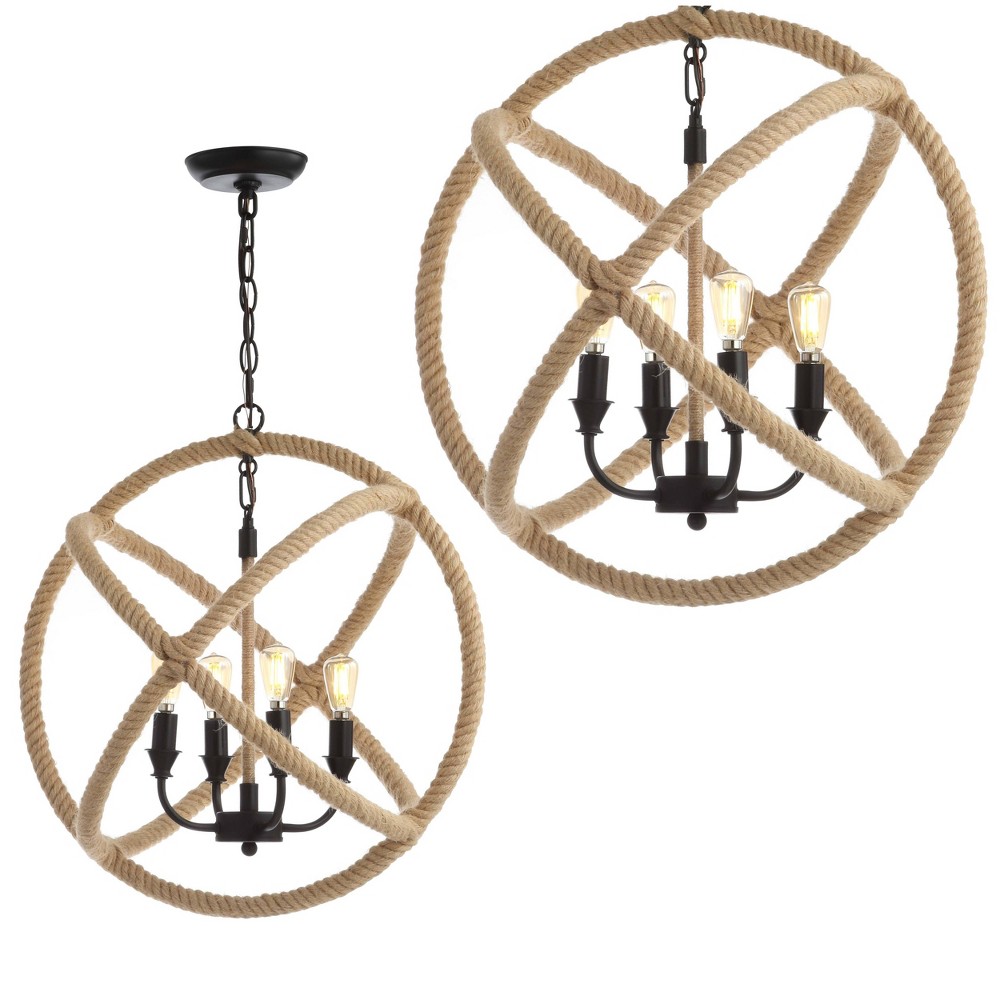 Photos - Chandelier / Lamp 20" LED Metal/Rope Adjustable Globe Chandelier Black/Brown - JONATHAN Y: U