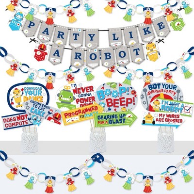 Big Dot of Happiness Gear Up Robots - Banner and Photo Booth Decorations - Birthday Party or Baby Shower Supplies Kit - Doterrific Bundle