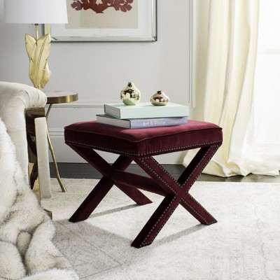 Palmer Red Velvet Ottoman with Brass Nailhead Trim
