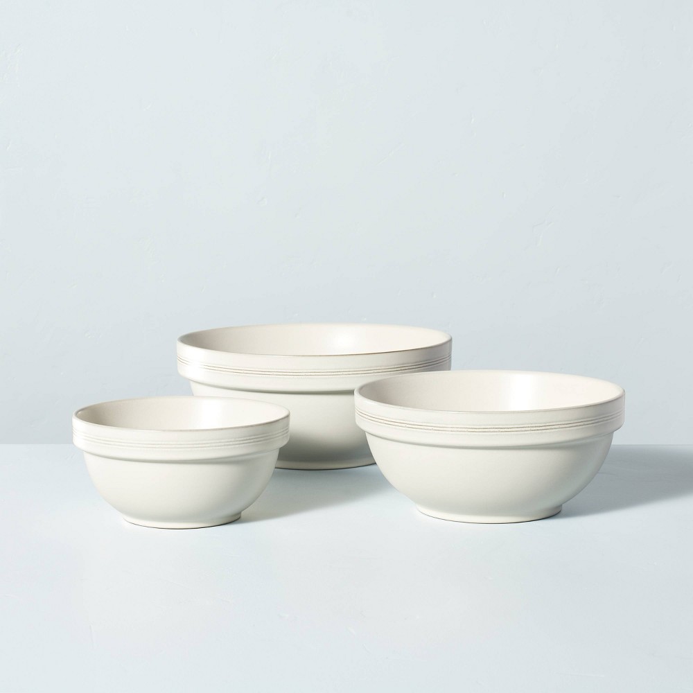 3pc Brim Stripe Stoneware Mixing/Serving Bowl Set Cream - Hearth &amp; Handâ„¢ with Magnolia