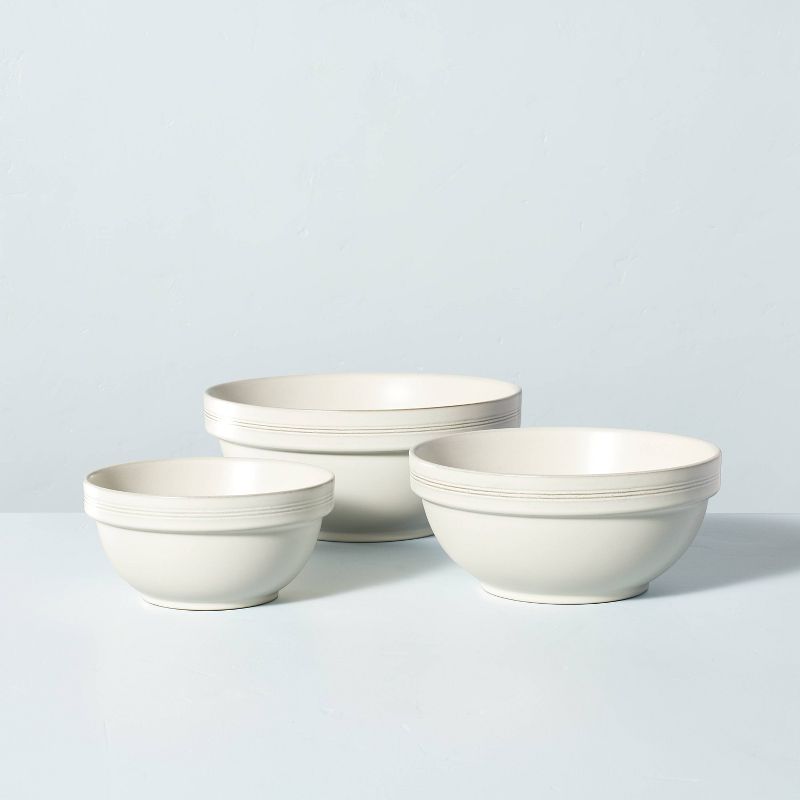 3pc Brim Stripe Stoneware Mixing/Serving Bowl Set Cream - Hearth &#38; Hand&#8482; with Magnolia, 1 of 8