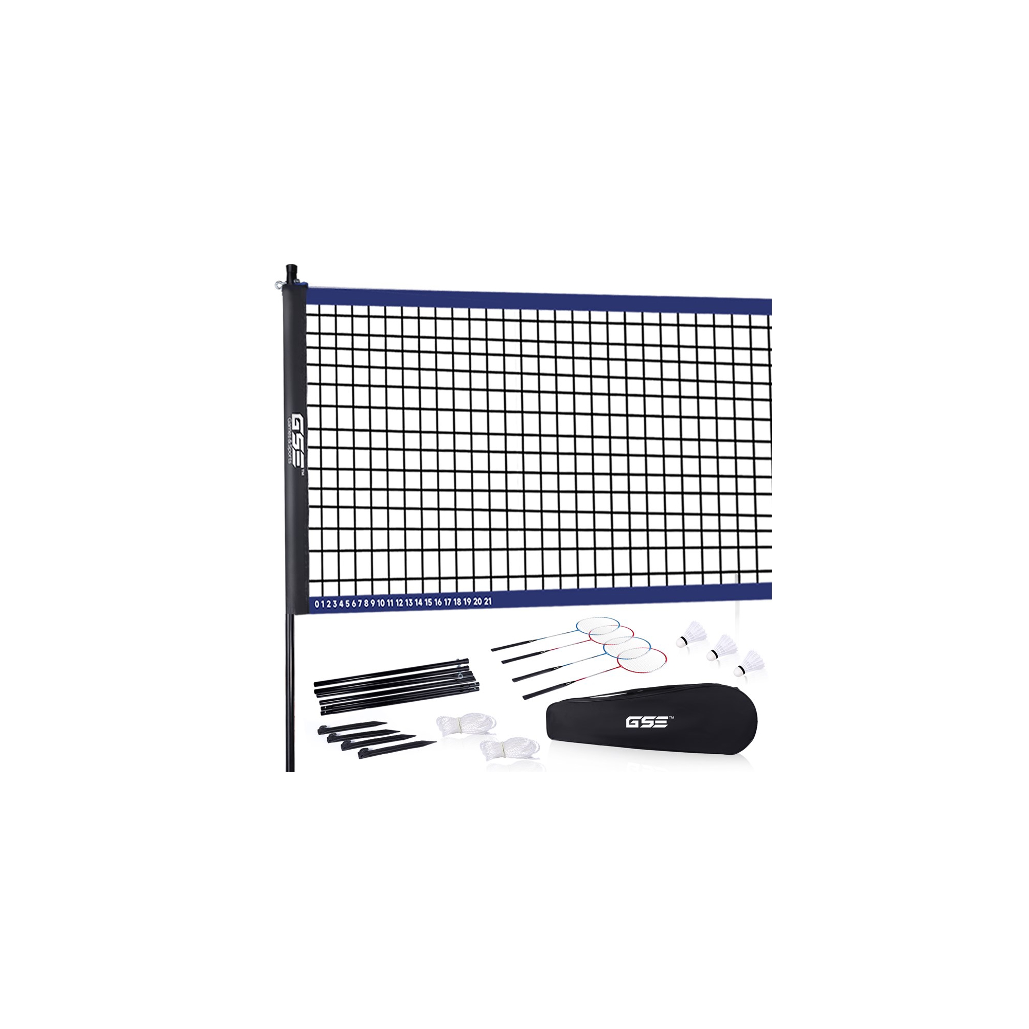 GSE Recreational Badminton Complete Set with Portable Badminton Net, 4 Badminton Rackets, 3 Shuttlecocks & Carrying Bag