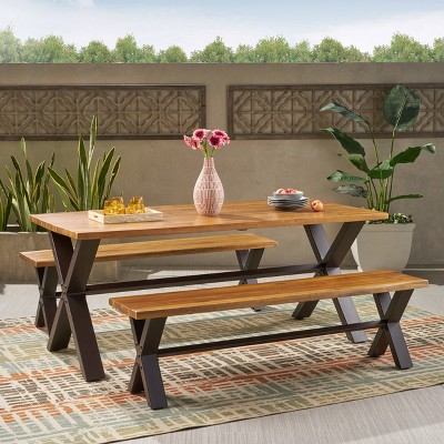 Christopher Knight Home Sabrina 3 Piece Outdoor Dining Set with Rustic Iron X-Base Table and Benches