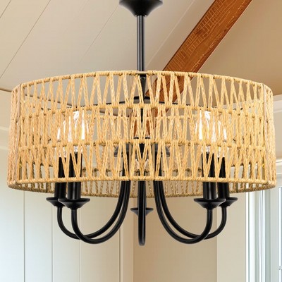 DORESshop 5-Light Modern Farmhouse Brown Round Rattan Pendant Rattan Drum Chandelier with Woven Rattan Shade for Dining Room