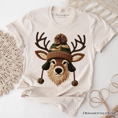 Deer Head Camo Hat Christmas T-Shirt, Imitation Latch Hook Yarn Cozy Hunting Season Tee | OrnamentallyYou