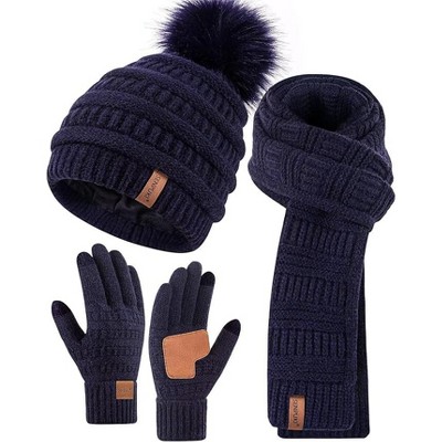 SENPUKI Womens Winter Beanie Scarf Gloves Set, Pom Pom Hat with Warm Fleece Lined Long Knit Scarf Touchscreen Gloves for Cold Weather