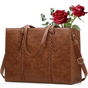 Laptop Bag 15 inch Laptop Tote Bag PU Leather Computer Work Bag Lightweight Shoulder Handbags, Brown - 1 of 4