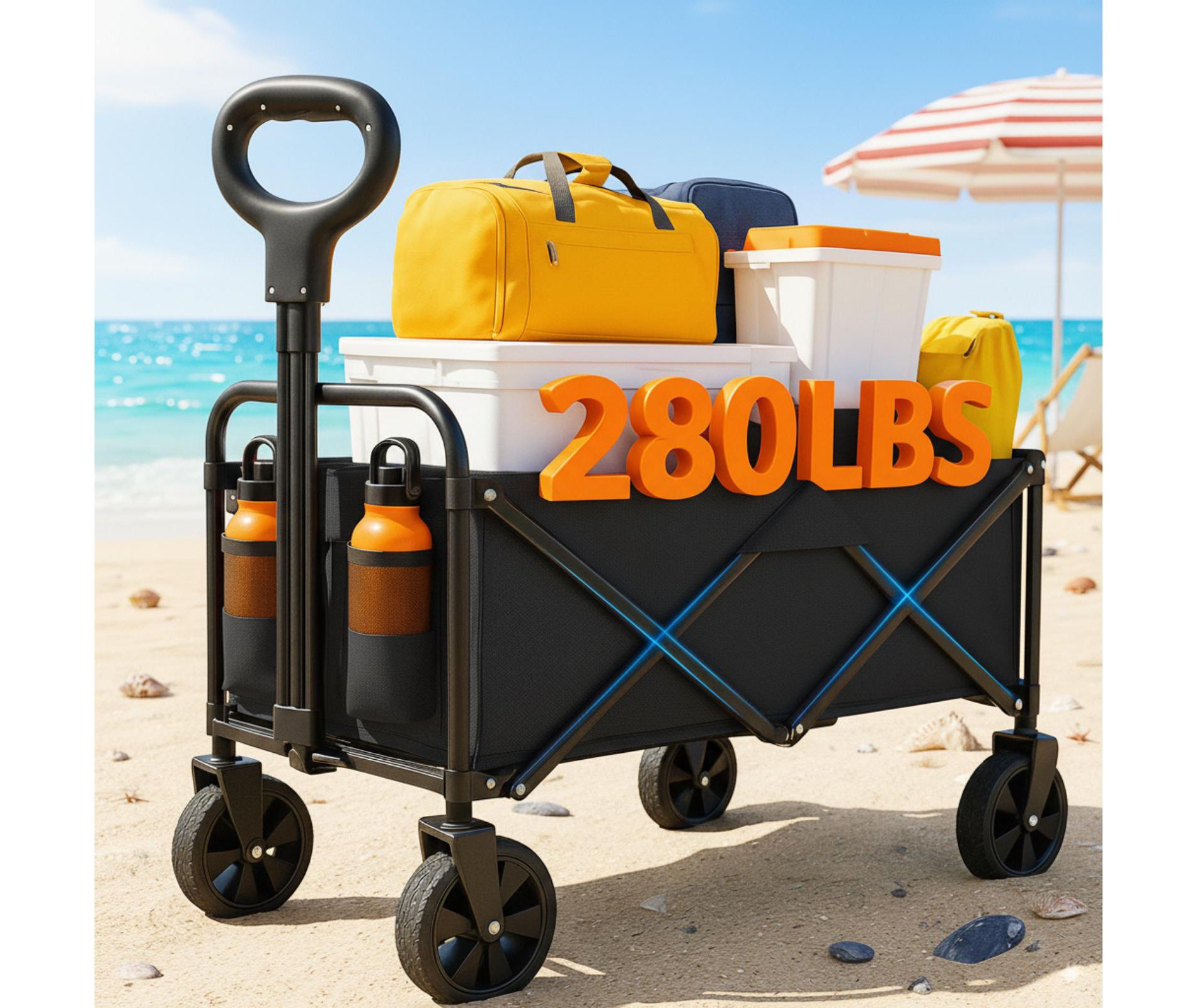 Foldable Collapsible Durable All Terrain Utility Pull Camp Beach Wagon- Black