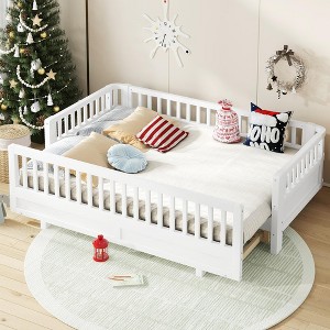 KWPZQEB Platform Bed for Kids, Solid Wood Bed Frame with Safety Guardrails and Trundle, Montessori Floor Bed for Girls & Boys - 1 of 4