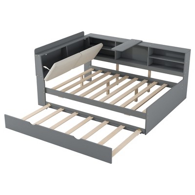 YNXARIA Gray Full - Sized Wooden Bed Frame: Storage Headboard, Shelf and Smooth - rolling Rollers Included