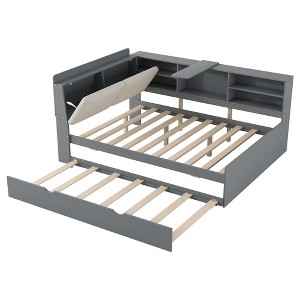 YNXARIA Gray Full - Sized Wooden Bed Frame: Storage Headboard, Shelf and Smooth - rolling Rollers Included - 1 of 4