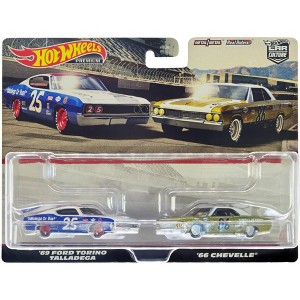 1969 Ford Torino Talladega #25 White & Blue w/Red & 1966 Chevrolet Chevelle #86 Gold w/White Diecast Model Cars by Hot Wheels - 1 of 3