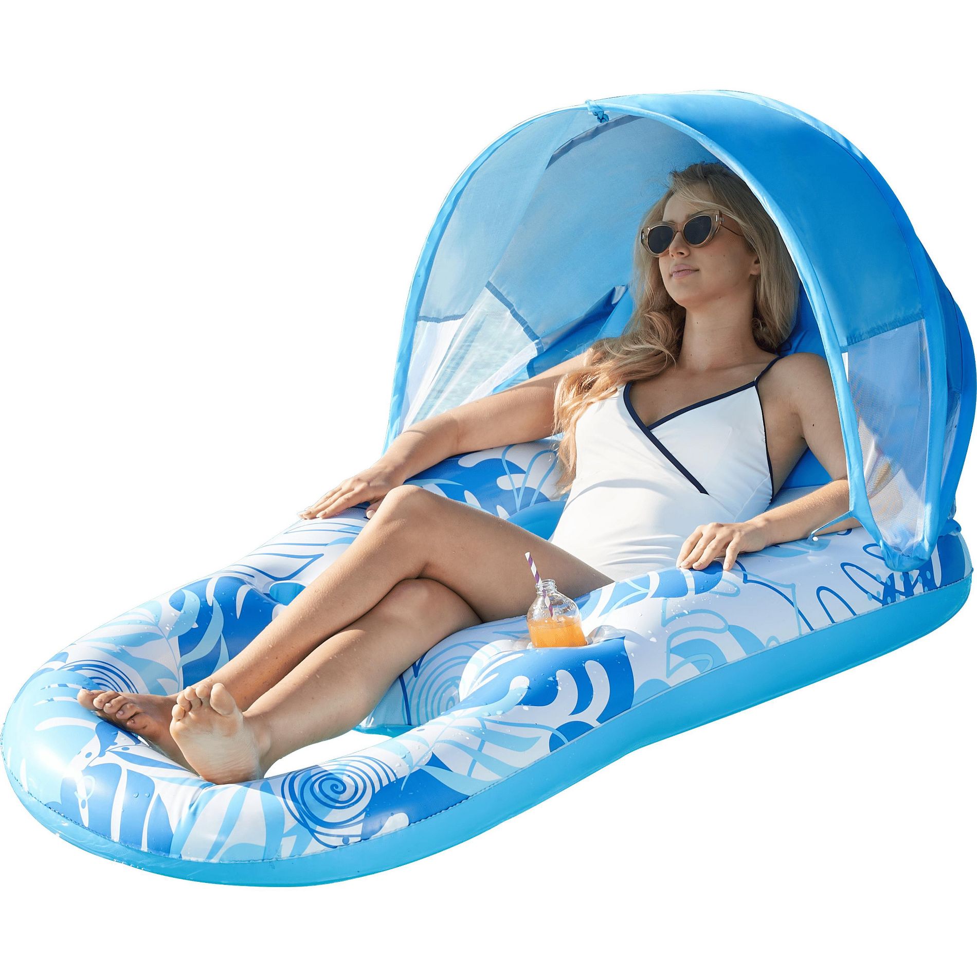 Joyfy Adult Inflatable Pool Float Lounger with Canopy, Foot Rest Water Floating Recliner Chair Floaty with Cup Holders for Swimming Sunbathing(Blue)