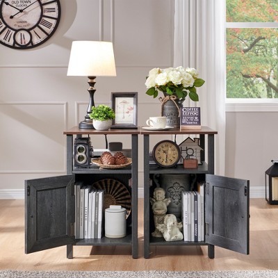 Gray Farmhouse Nightstand Set with Barn Door and Open Shelves
