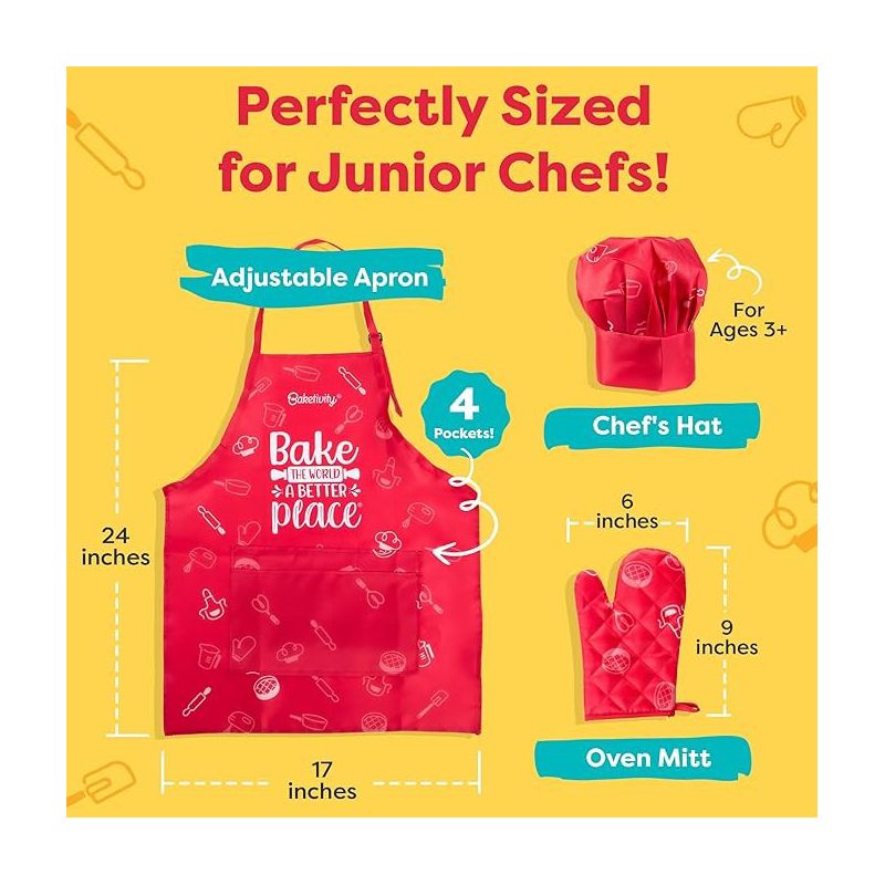 Baketivity Kids Chef Hat and Apron Set for Boys & Girls - One Size Fits All (Adjustable) - Premium, Washable Kids Apron and Chef Hat Set for Cooking, 5 of 8