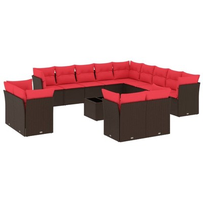 vidaXL 14 Piece Patio Sofa Set with Cushions - Brown and Red With Table