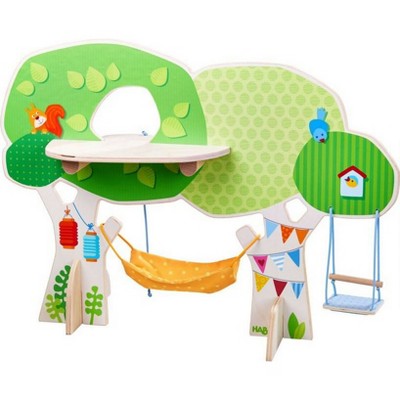 HABA Little Friends Tree House Wooden Play Set with Ladder, Platform, Swing and Hammock