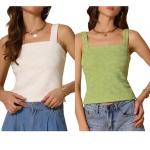 INSPIRE CHIC Women's Square Neck Wide Strap Sleeveless Crop Lettuce Trim Casual Floral Cami Tank Top 2 Packs - 1 of 4