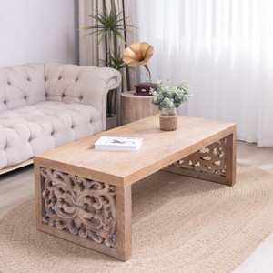 47.2" Rustic Wood Coffee Table with Carved Side Panels, Natural Finish Accent for Living Room or Lounge -3irtyhousy - 1 of 4