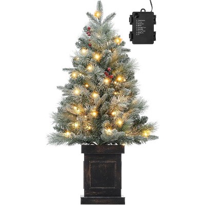 3 ft Prelit Premium Snow Flocked Artificial Christmas Tree with 8 Mode Warm White Led, Mini Prelit Xmas Pine Tree for Christmas Decoration