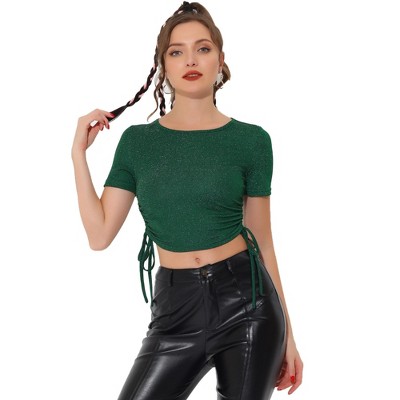 INSPIRE CHIC Women's Shimmer Glitter Drawstring Side Slim Fit Stretchy Shiny Crop Tops