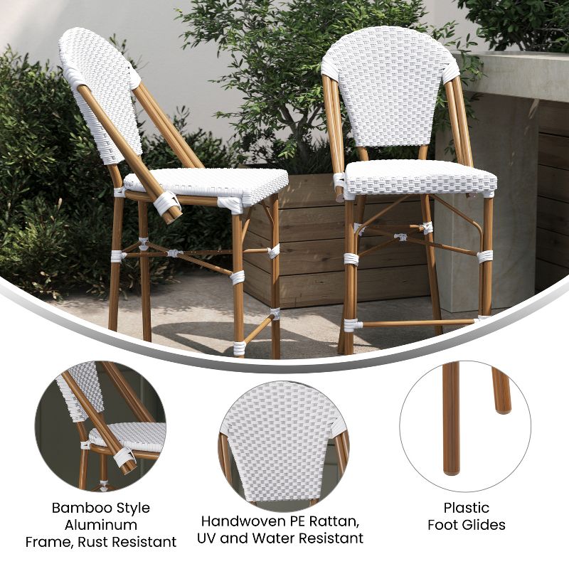 Merrick Lane Set of Two Indoor/Outdoor Stacking French Bistro Counter Stools with White and Gray Patterned Seats and Backs & Bamboo Finished Metal Frames, 6 of 12
