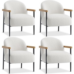 Modern Accent Chair, White Comfy Chair with Teddy Fabric, Wood Arms, Metal Frame & Adjustable Feet, Mid Century Modern Chair for Living Room - 1 of 4